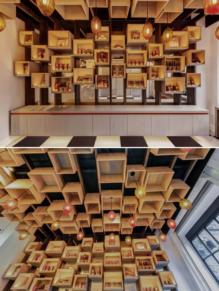 باکس های چوبی دردکوراسیون مغازه شکلات فروشی - وبسایت مبلمان رابو