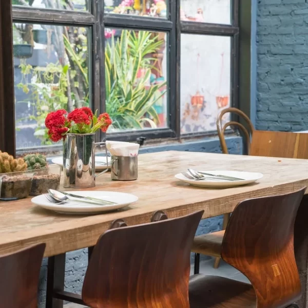 میز نهارخوری که شامل سه صندلی میباشد و ظروف غذا خوری از جمله بشقاب و قاشق و چنگال در سر میز قرار دارد و گل کاکتوس نیز در سر میز برای زیبایی قرار دارد . پنجره ها هم برای نور بیشتر و زیبا تر در کنار میز طراحی شده است