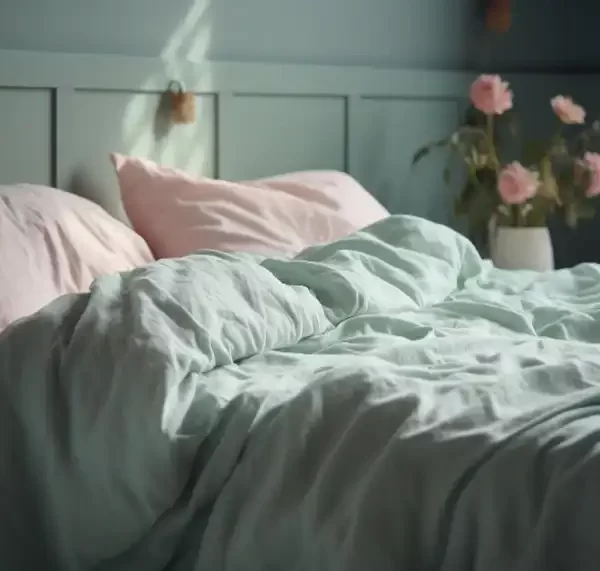 تختخوابی که بر روی آن پتو سبز پهن شده است و در زیر پتو نیز بالشت های گلبه ای رنگ قرار دارد و در کنار تخت نیز گلی قرار دارد