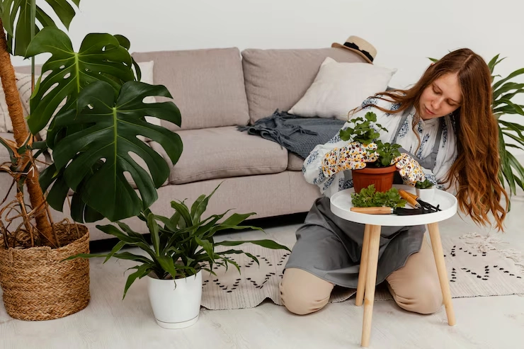  دکوراسیون منزل با بودجه کم - تصویر زن در حال رسیدگی به گل و گیاهان آپارتمانی 