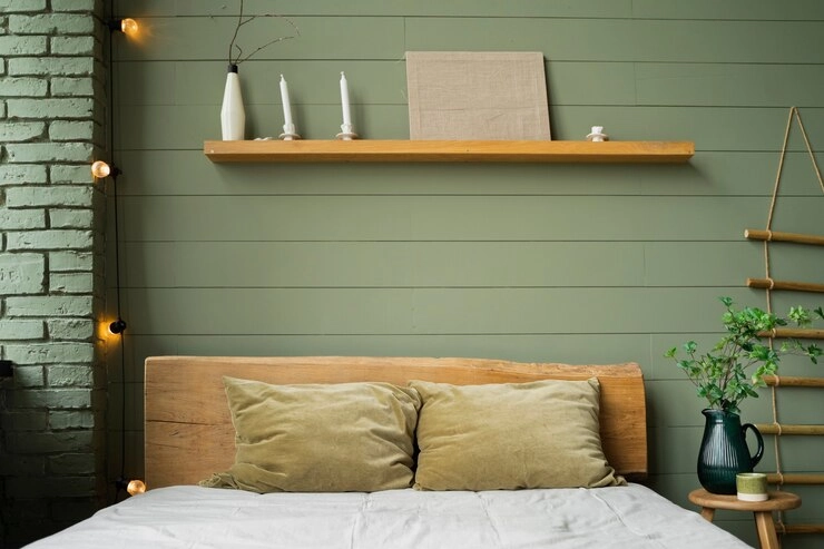 دکوراسیون اتاق خواب - تصویر تخت دو نفره چوبی در یک اتاق خواب با نمای دیوار و آجرهای تزیینی سبز رنگ