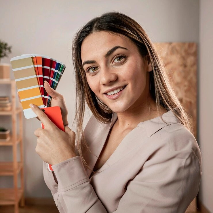  دکوراسیون منزل با بودجه کم - تصویر زن در فضای داخل خانه در حالی که تعدادی پالت رنگی کاغذی در دست دارد
