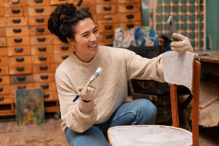 خانم جوان در حال رنگ کردن صندلی چوبی در حالیکه با گوشی در دستش تماس تصویری برقرار کرده.