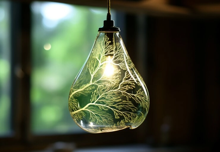 لامپ خلاقانه با طرح بدنه شیشه ای و نگاره گیاه مانند سبز 
